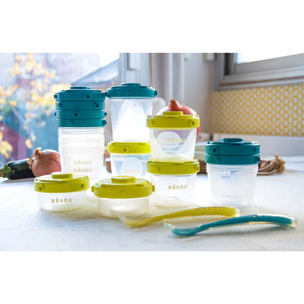 BEABA SET OF PORTIONS CLIP + 1ST AGE SILICONE SPOON - NEON/BLUE | BABY SOPHIE