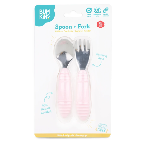 Bumkins Spoon And Fork Set (Silicone And Stainless Steel) - Pink