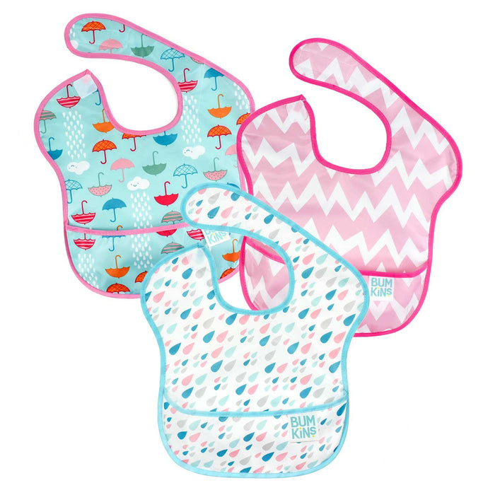 Bumkins Superbib 3Pcs/Pack – Umbrellas, Raindrops, Pink Chevron (6-24 Months)