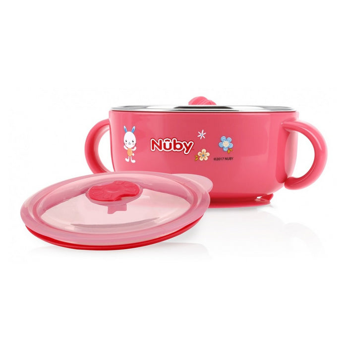 Nuby Stainless Steel Suction Warming Bowl With Water Reservoir & Lid 300ml – Pink