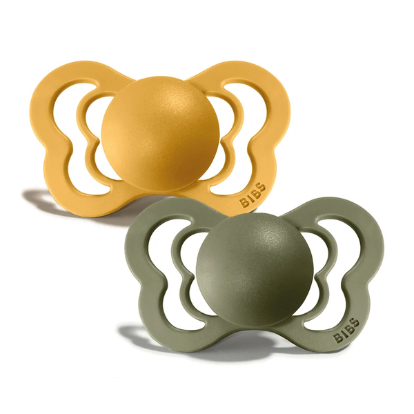 Bibs Couture拇指型矽膠奶嘴 0-6個月(2入組) – 蜂蜜/橄欖綠