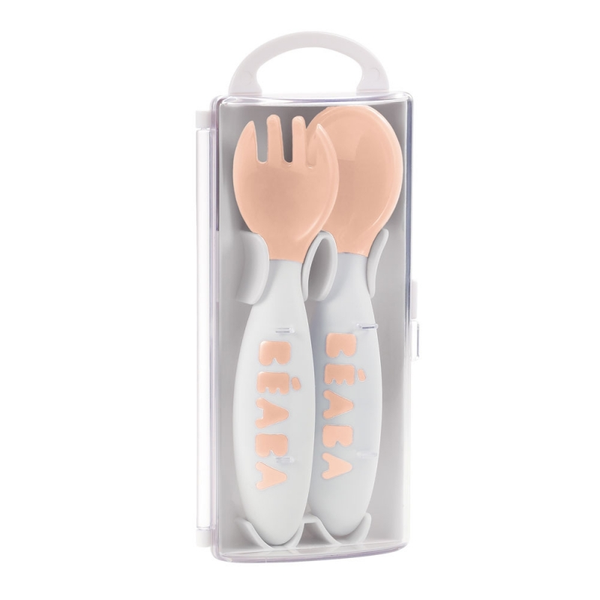 Beaba 2nd Age Training Fork & Spoon - Pink (Storage Case Included)