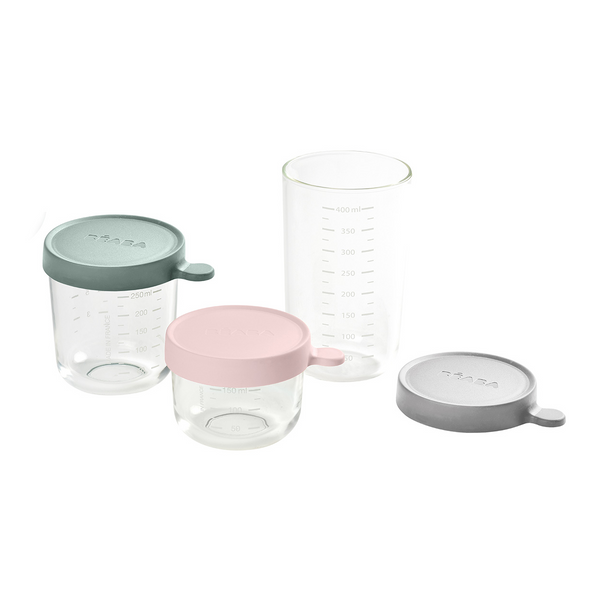 Beaba 玻璃食物儲存器（3件裝）- 粉紅/ 尤加利綠/ 淺灰色