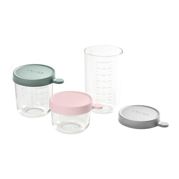 Beaba Set Of 3 Conservation Jars 150/250/400ml - Pink / Eucalyptus Green/ Light Mist