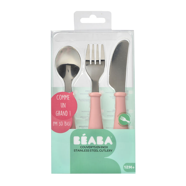 Beaba Set Of 3 Stainless Steel Training Cutlery (Knife, Fork & Spoon) - Old Pink