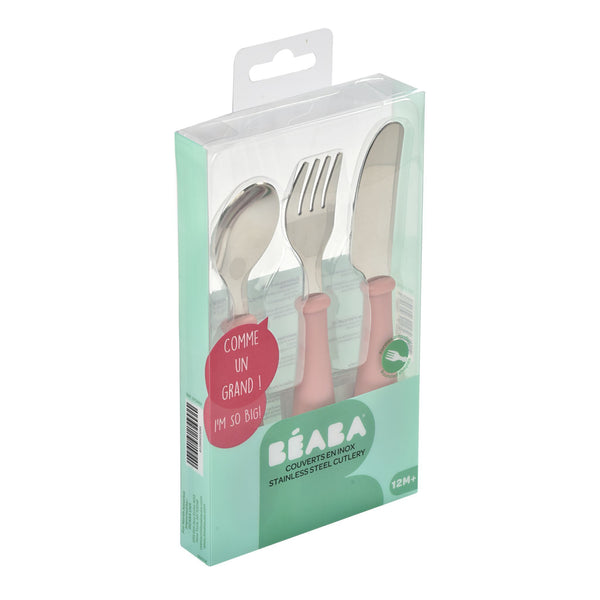 Beaba Set Of 3 Stainless Steel Training Cutlery (Knife, Fork & Spoon) - Old Pink