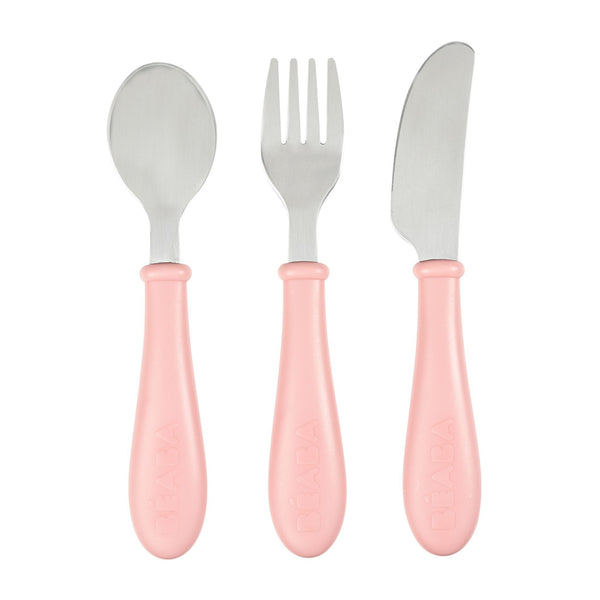 Beaba Set Of 3 Stainless Steel Training Cutlery (Knife, Fork & Spoon) - Old Pink