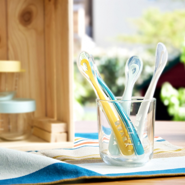 Beaba Set Of 4 Ergonomic 1st Stage Silicone Spoons - Rainbow (Blue/White/Light Green/ Yellow)