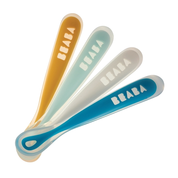 Beaba Set Of 4 Ergonomic 1st Stage Silicone Spoons - Rainbow (Blue/White/Light Green/ Yellow)