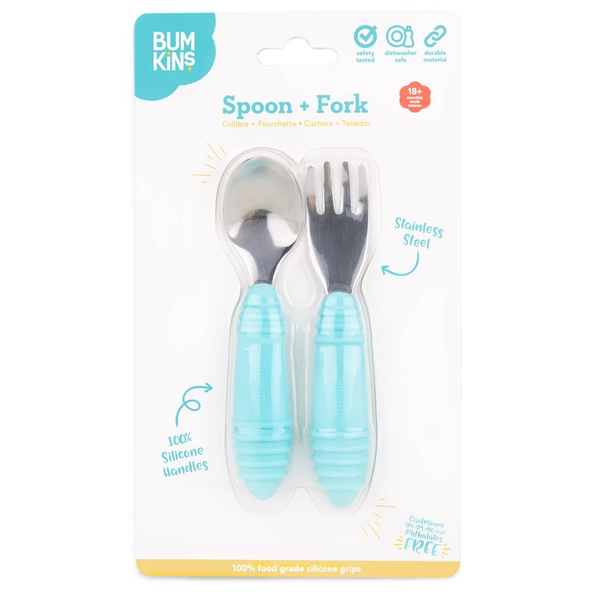 Bumkins Spoon And Fork Set (Silicone And Stainless Steel) - Blue