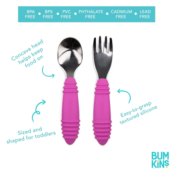Bumkins Spoon And Fork Set (Silicone And Stainless Steel) - Pink