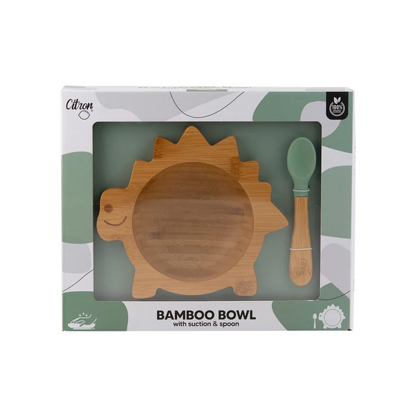 Citron Bamboo Bowl 250ml With Suction And Spoon – Dino Green