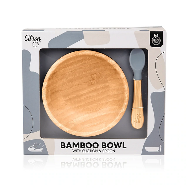 Citron Bamboo Bowl 300ml With Suction And Spoon – Dusty Blue