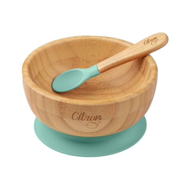Citron Bamboo Bowl 300ml With Suction And Spoon – Dusty Green