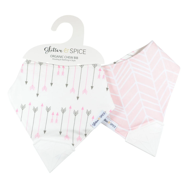 Glitter And Spice Double Sided Organic Chew Bib - Chiffon Herringbone / Blushing Arrow