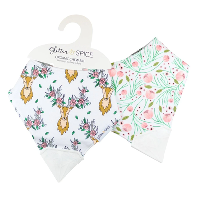 Glitter And Spice Double Sided Organic Chew Bib – Oh Deer / Tulip