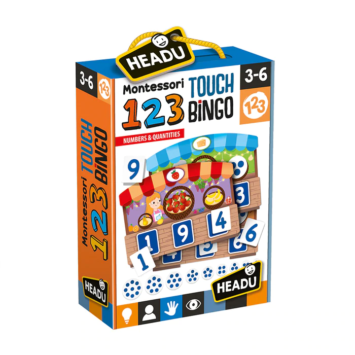 Headu 1041750-123 Montessori Touch Bingo, Juego Educativo Infantil-  Aprender Números y Cantidades