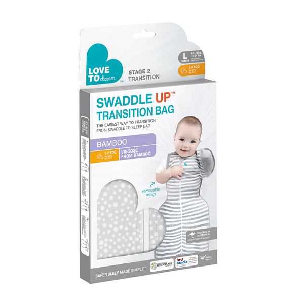 Love To Dream Swaddle Up 50/50 Bamboo 1.0 Tog – Grey Wave Dot Large