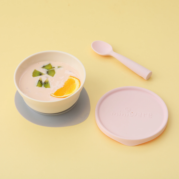 Miniware First Bite Set – Pla Cereal Bowl + Silicone Spoon & Cover – Cotton Candy