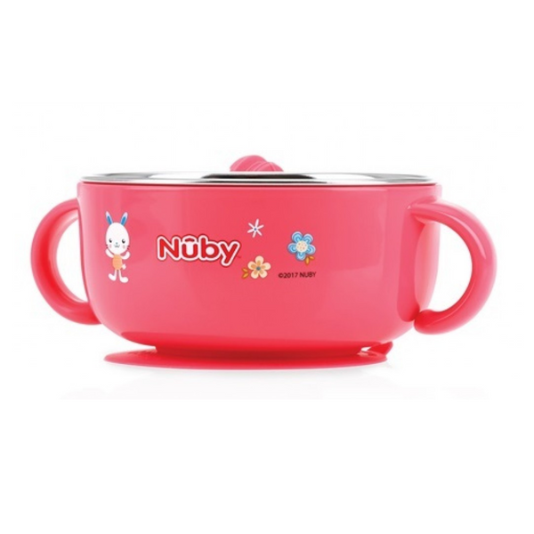 Nuby Stainless Steel Suction Warming Bowl With Water Reservoir & Lid 300ml – Pink